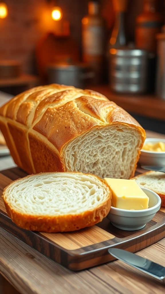 Yeast Bread Recipe A loaf of freshly baked yeast bread, sliced, on a wooden cutting board with butter.
